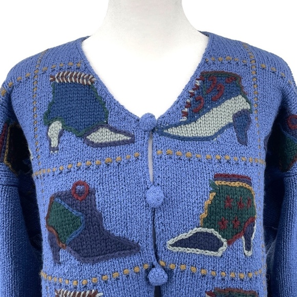 April Cornell Blue Cardigan with Multicolor Shoe Pattern - Picture 2 of 8